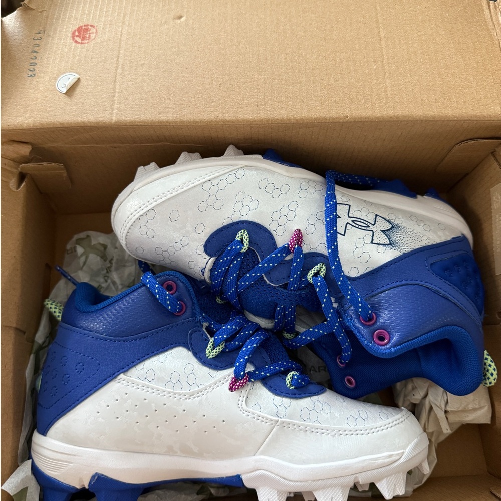 Under Armour Kids Blue and White Cleats